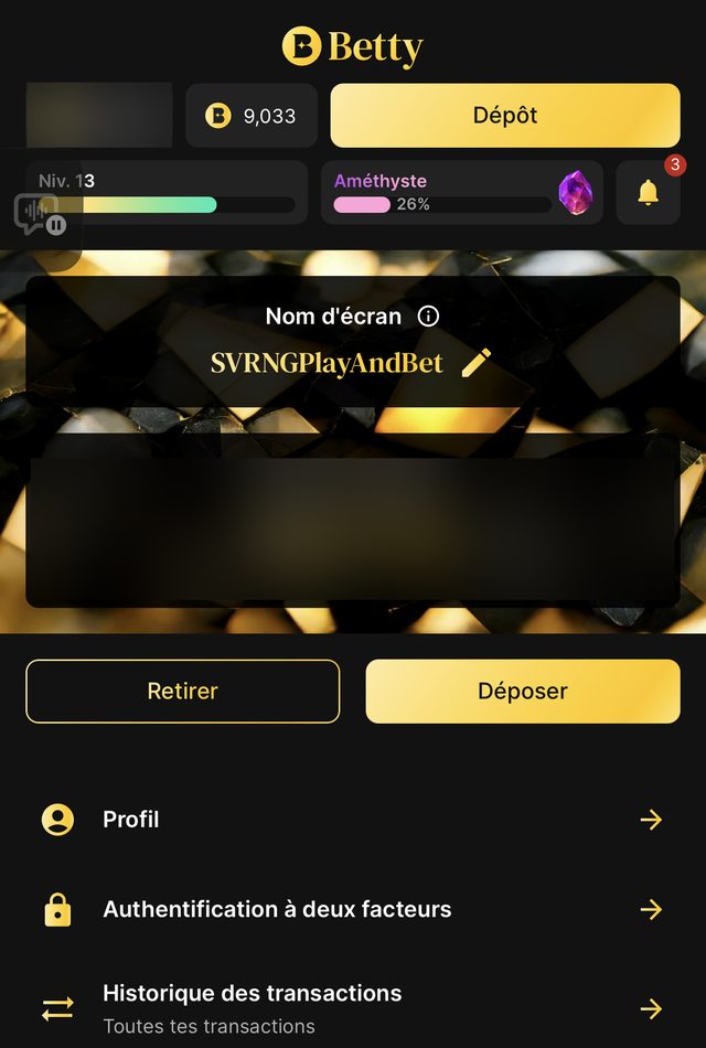 Notre compte de test sur Betty Casino : nom d'écran SVRNGPlayAndBet, niveau 13, statut Améthyste