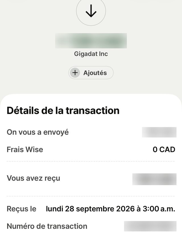 Virement reçu dans notre compte bancaire à 3 h 00, sans frais